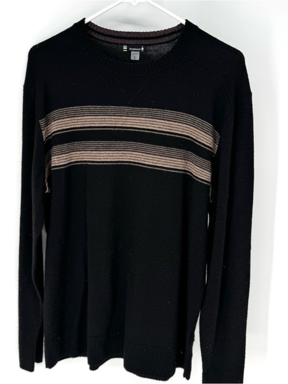 Smartwool  cottagecore wool blend Black Crewneck Sweater with Tan Stripes large